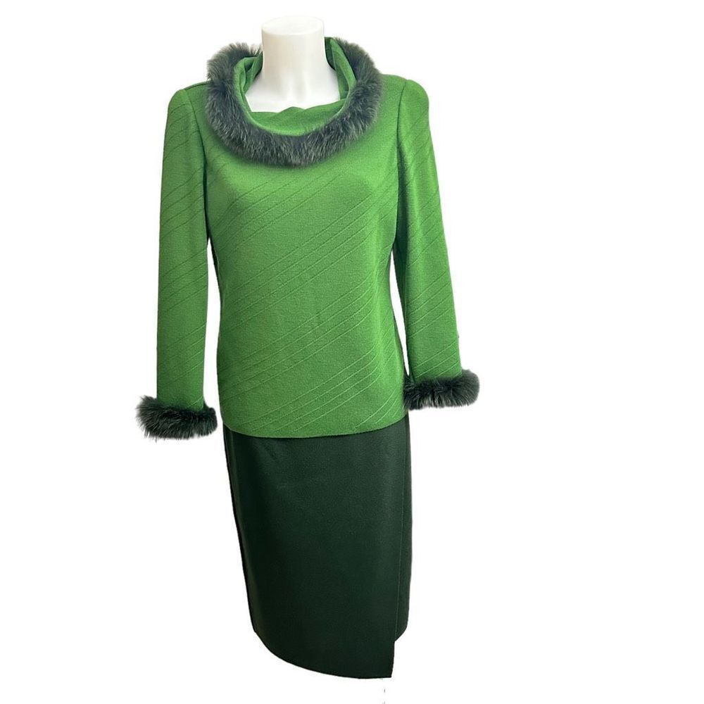 STIZZOLI 1960’s Retro Green‎ Knit 100% Wool Cowl Neck Sweater & Skirt sz 42/44